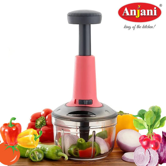 Anjani Hand Press Vegetable Chopper With Grinder Mixer - 500ml, Heavy Plastic Material Blending Blade, Food Grade Plastic, Anti slip Base